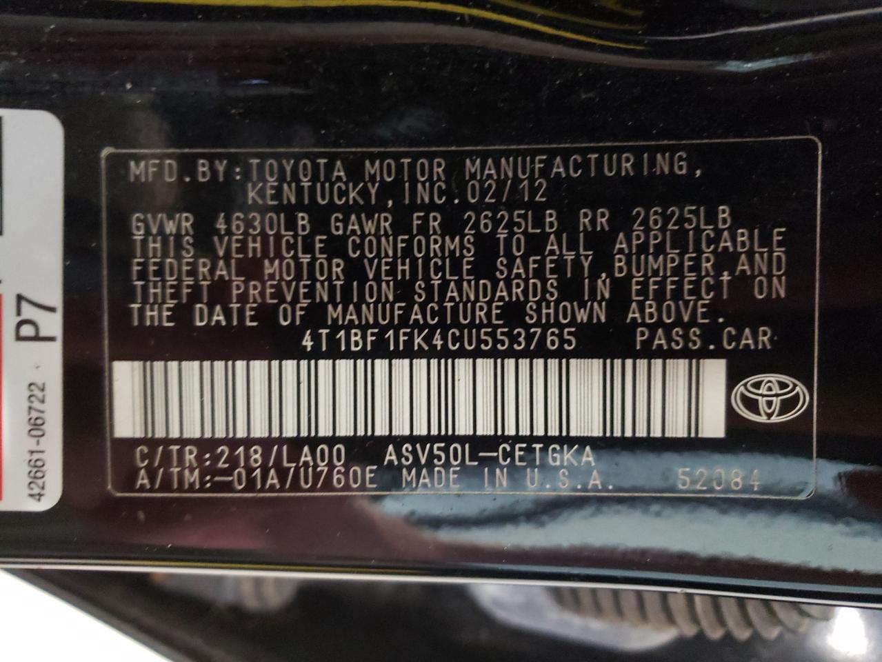 Foto 10 de la subasta – 2012 TOYOTA CAMRY BASE con VIN 4T1BF1FK4CU553765