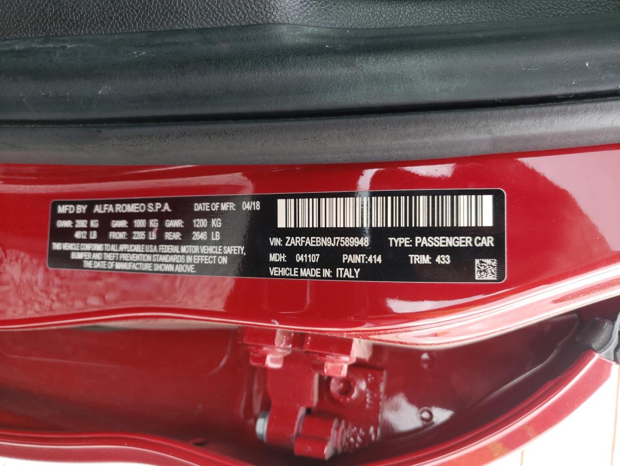 Photo 10 from auction – 2018 ALFA ROMEO GIULIA with VIN ZARFAEBN9J7589948