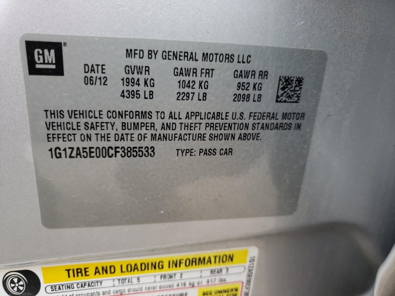 Photo 10 from auction – 2012 CHEVROLET MALIBU LS with VIN 1G1ZA5E00CF385533