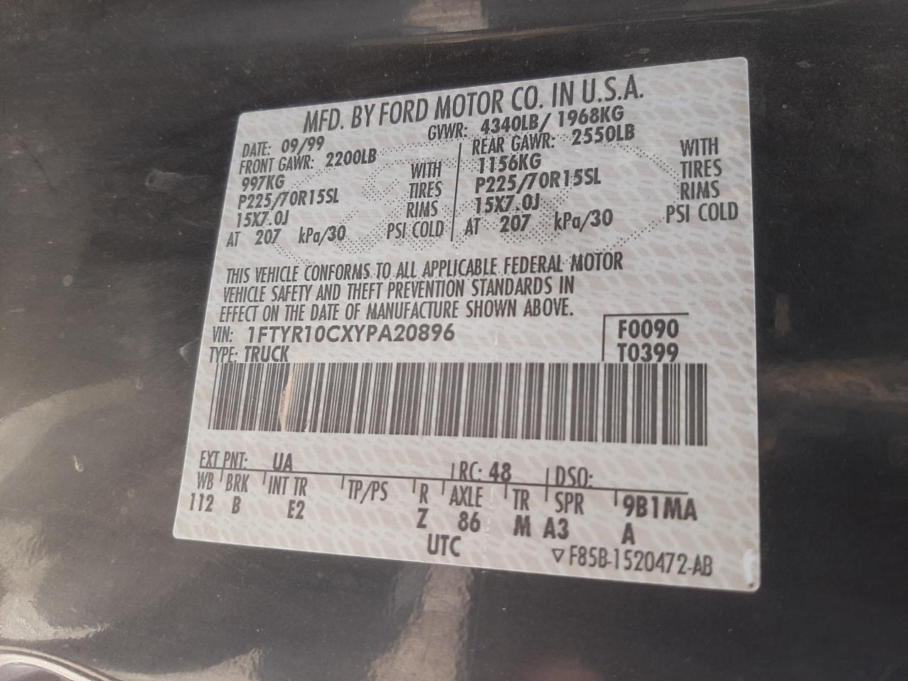 Photo 10 from auction – 2000 FORD RANGER with VIN 1FTYR10CXYPA20896