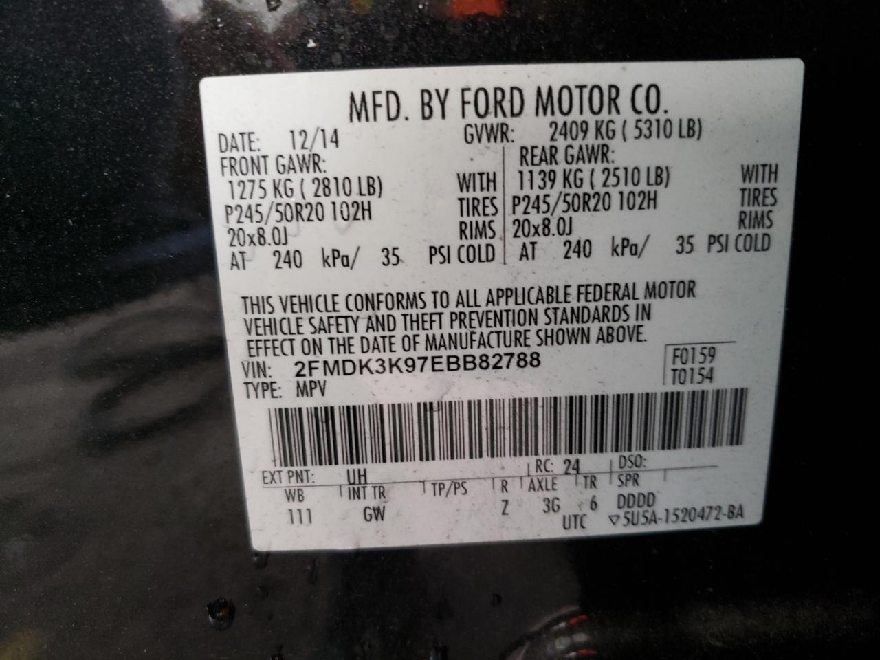 Photo 10 from auction – 2014 FORD EDGE LIMIT with VIN 2FMDK3K97EBB82788