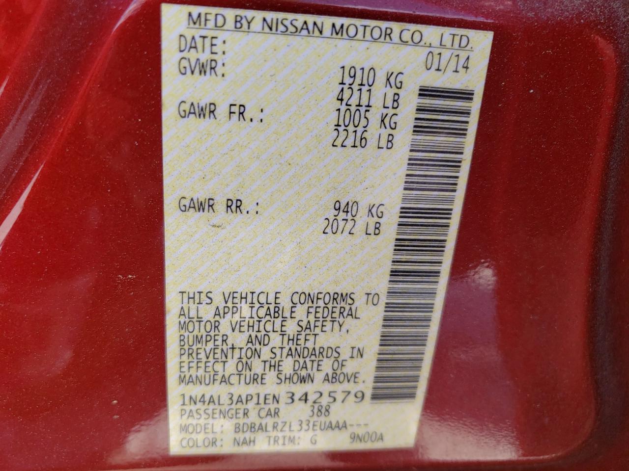 Photo 10 from auction – 2014 NISSAN ALTIMA 2.5 with VIN 1N4AL3AP1EN342579