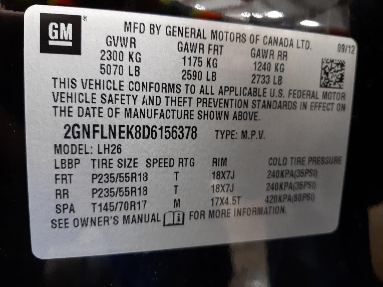 Photo 10 from auction – 2013 CHEVROLET EQUINOX LT with VIN 2GNFLNEK8D6156378