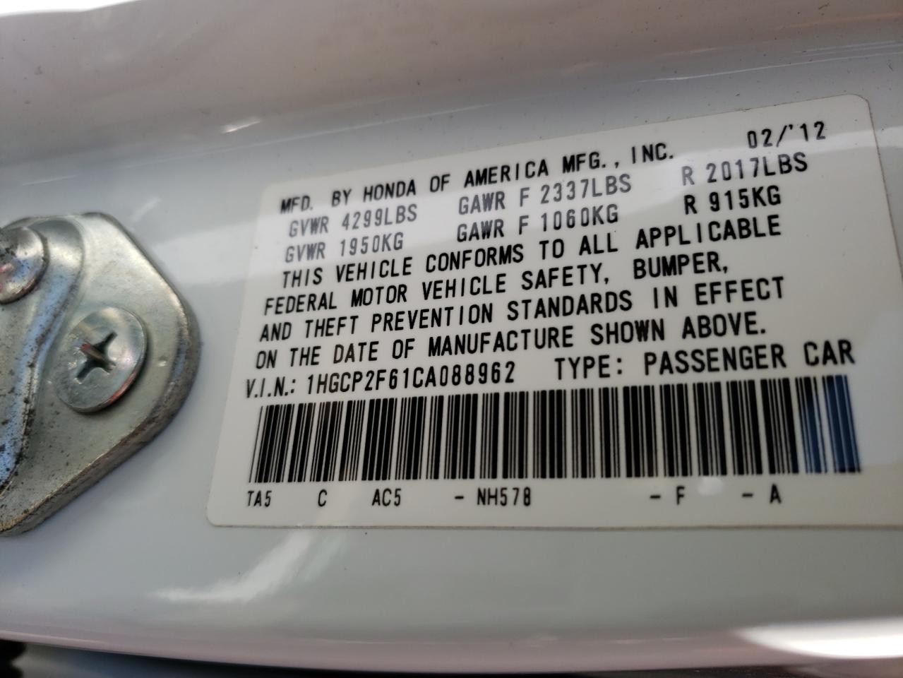 Photo 10 from auction – 2012 HONDA ACCORD with VIN 1HGCP2F61CA088962