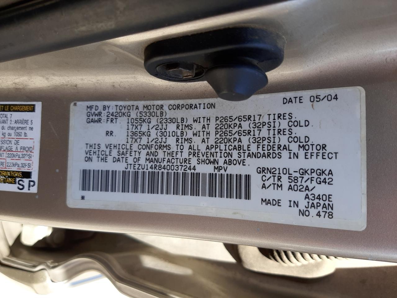 Photo 10 from auction – 2004 TOYOTA 4RUNNER SR with VIN JTEZU14R840037244