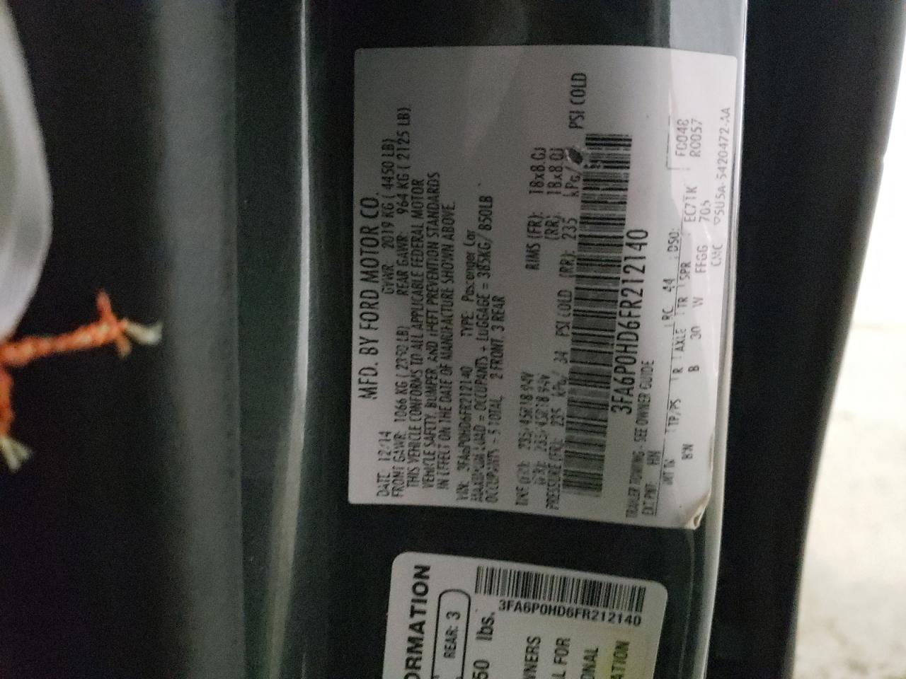 Photo 10 from auction – 2015 FORD FUSION SE with VIN 3FA6P0HD6FR212140