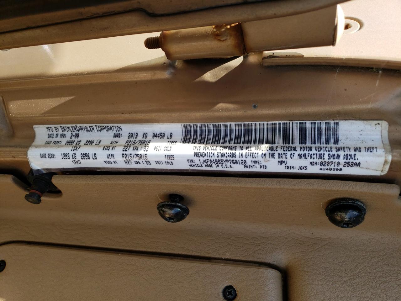 Photo 10 from auction – 2000 JEEP WRANGLER / with VIN 1J4FA49S5YP760120