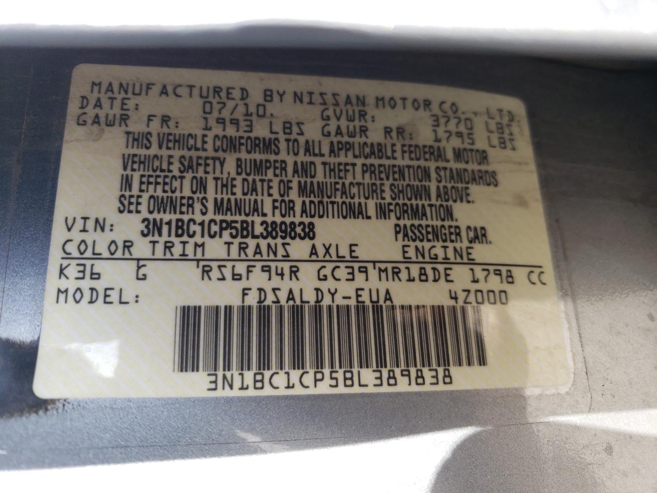 Photo 10 from auction – 2011 NISSAN VERSA S with VIN 3N1BC1CP5BL389838