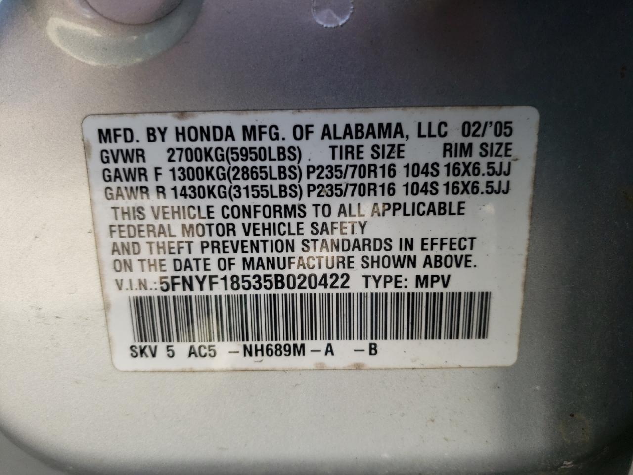 Photo 10 from auction – 2005 HONDA PILOT EXL with VIN 5FNYF18535B020422