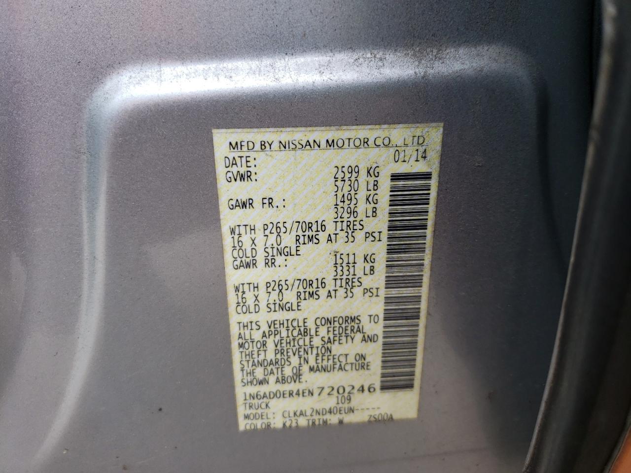 Photo 10 from auction – 2014 NISSAN FRONTIER S with VIN 1N6AD0ER4EN720246