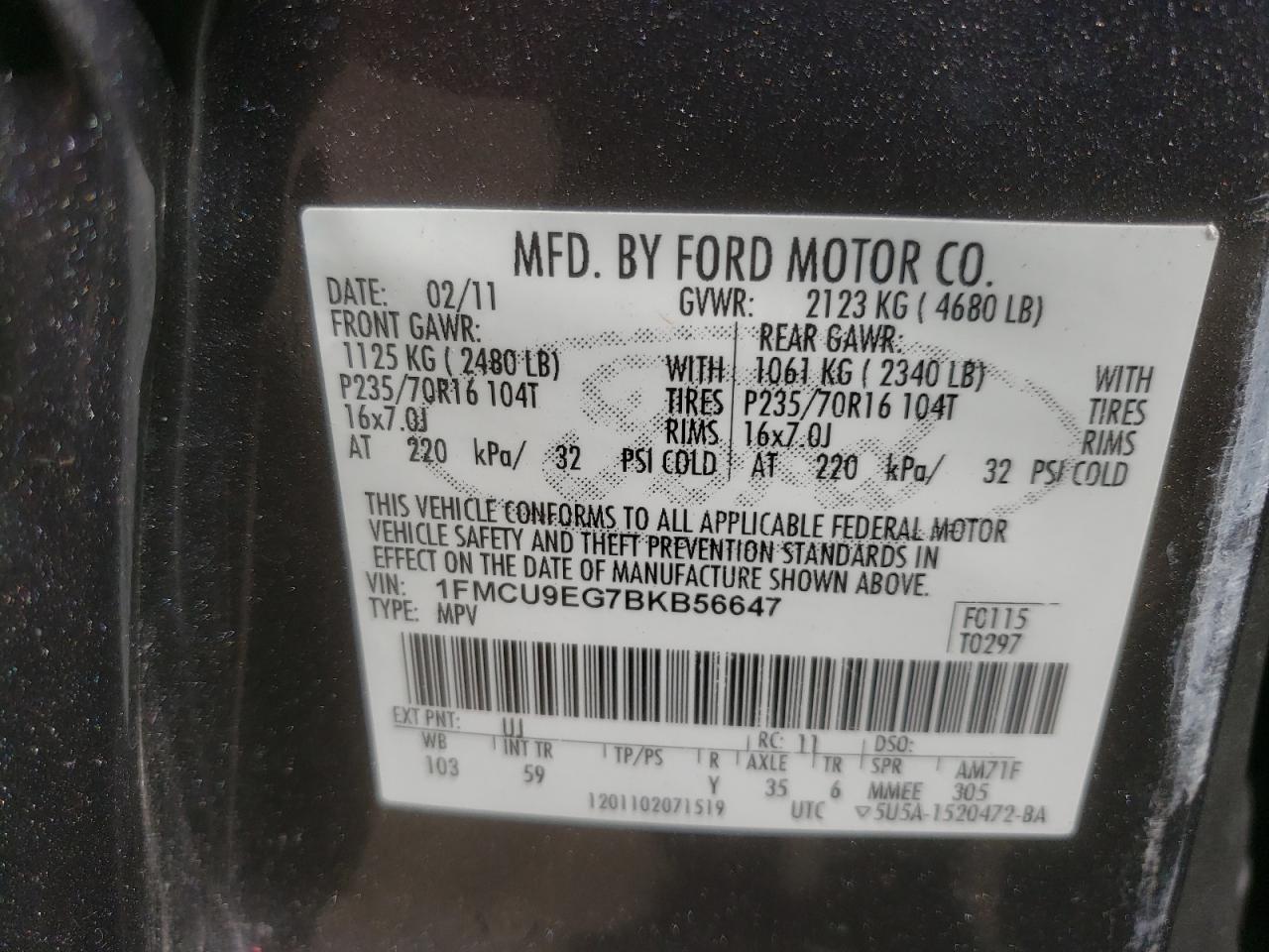 Photo 10 from auction – 2011 FORD ESCAPE LIM with VIN 1FMCU9EG7BKB56647