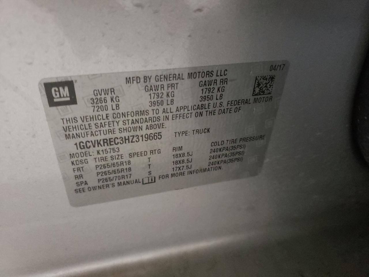 Photo 10 from auction – 2017 CHEVROLET SILVERADO with VIN 1GCVKREC3HZ319665