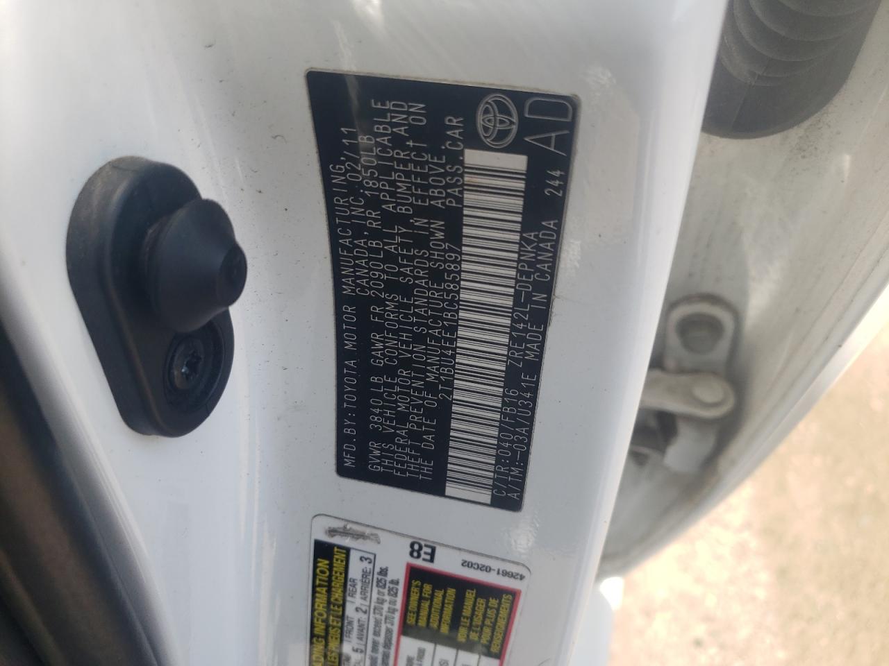 Photo 10 from auction – 2011 TOYOTA COROLLA BA with VIN 2T1BU4EE1BC585897