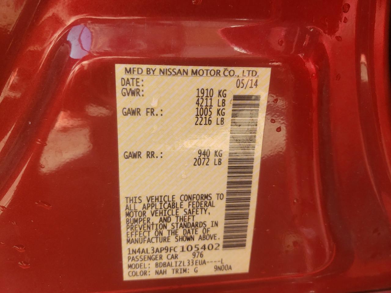 Photo 10 from auction – 2015 NISSAN ALTIMA 2.5 with VIN 1N4AL3AP9FC105402