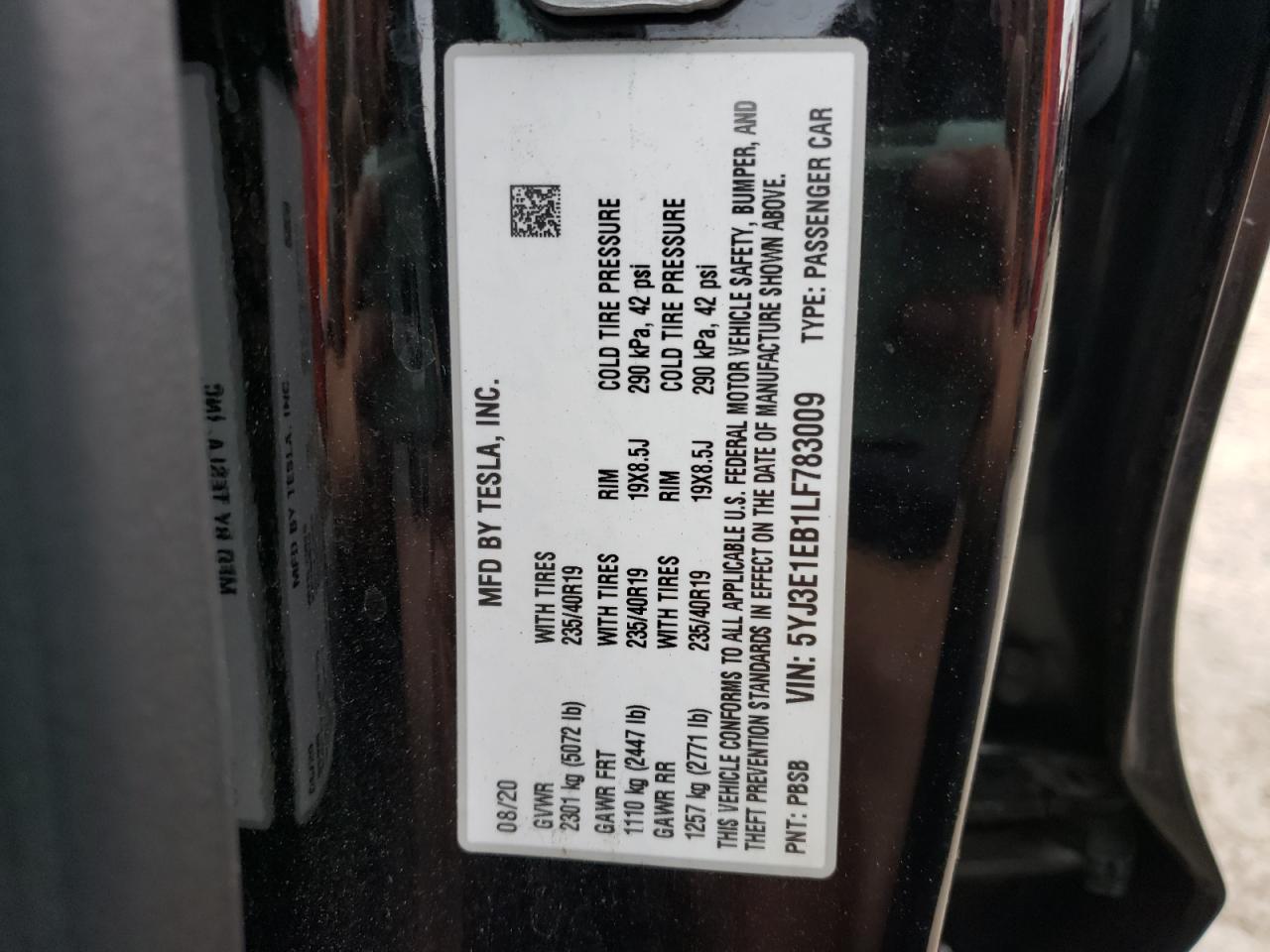 Photo 10 from auction – 2020 TESLA MODEL 3 with VIN 5YJ3E1EB1LF783009