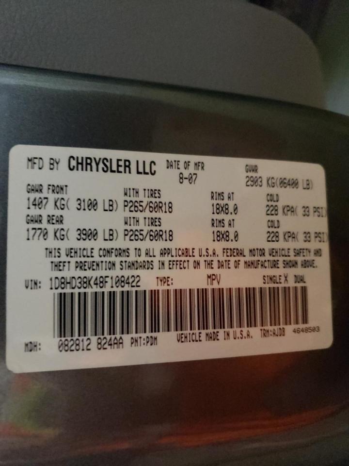 Photo 10 from auction – 2008 DODGE DURANGO SX with VIN 1D8HD38K48F108422