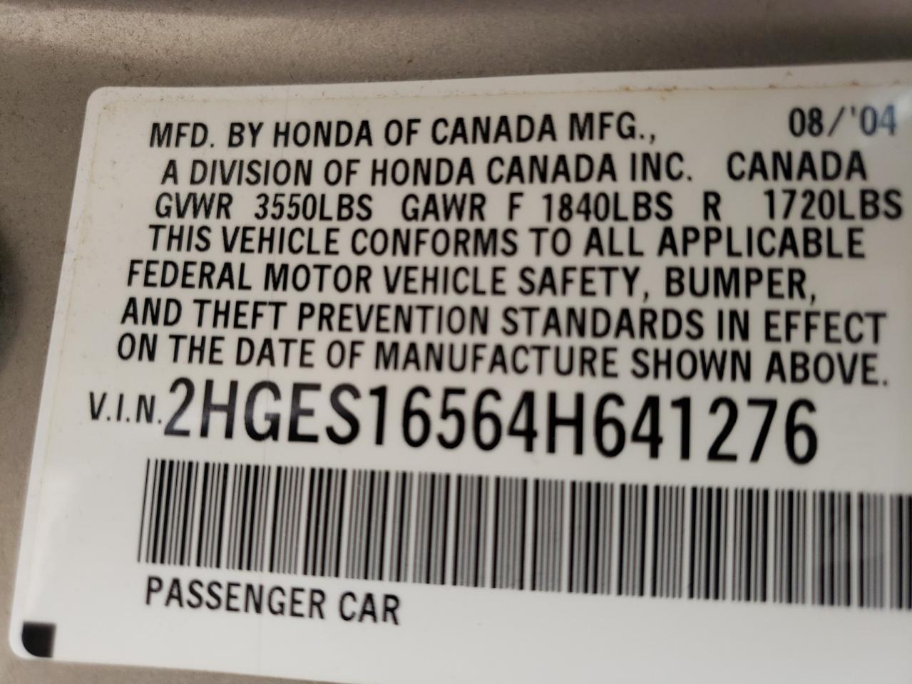 Photo 10 from auction – 2004 HONDA CIVIC LX with VIN 2HGES16564H641276