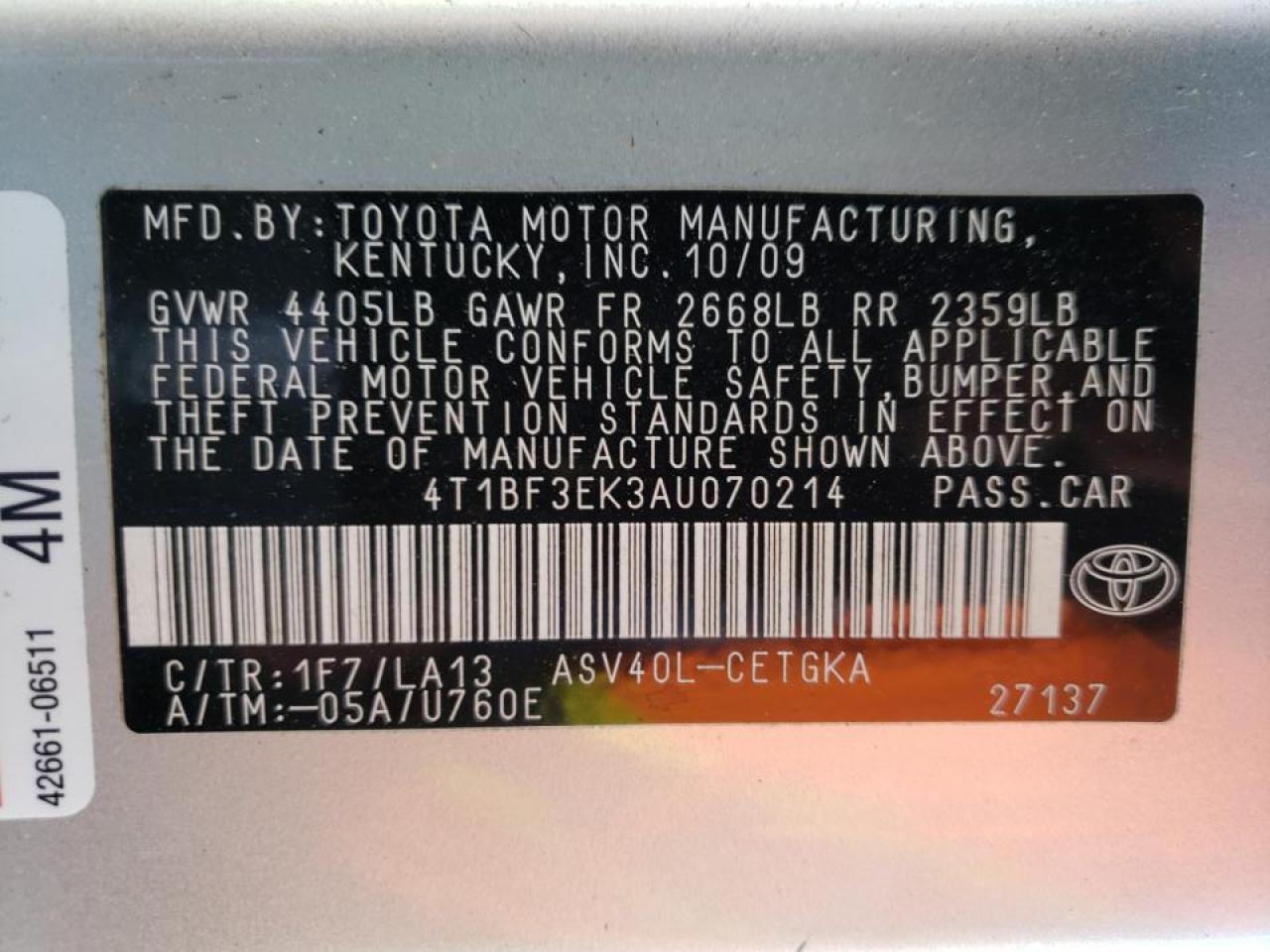 Photo 10 from auction – 2010 TOYOTA CAMRY BASE with VIN 4T1BF3EK3AU070214