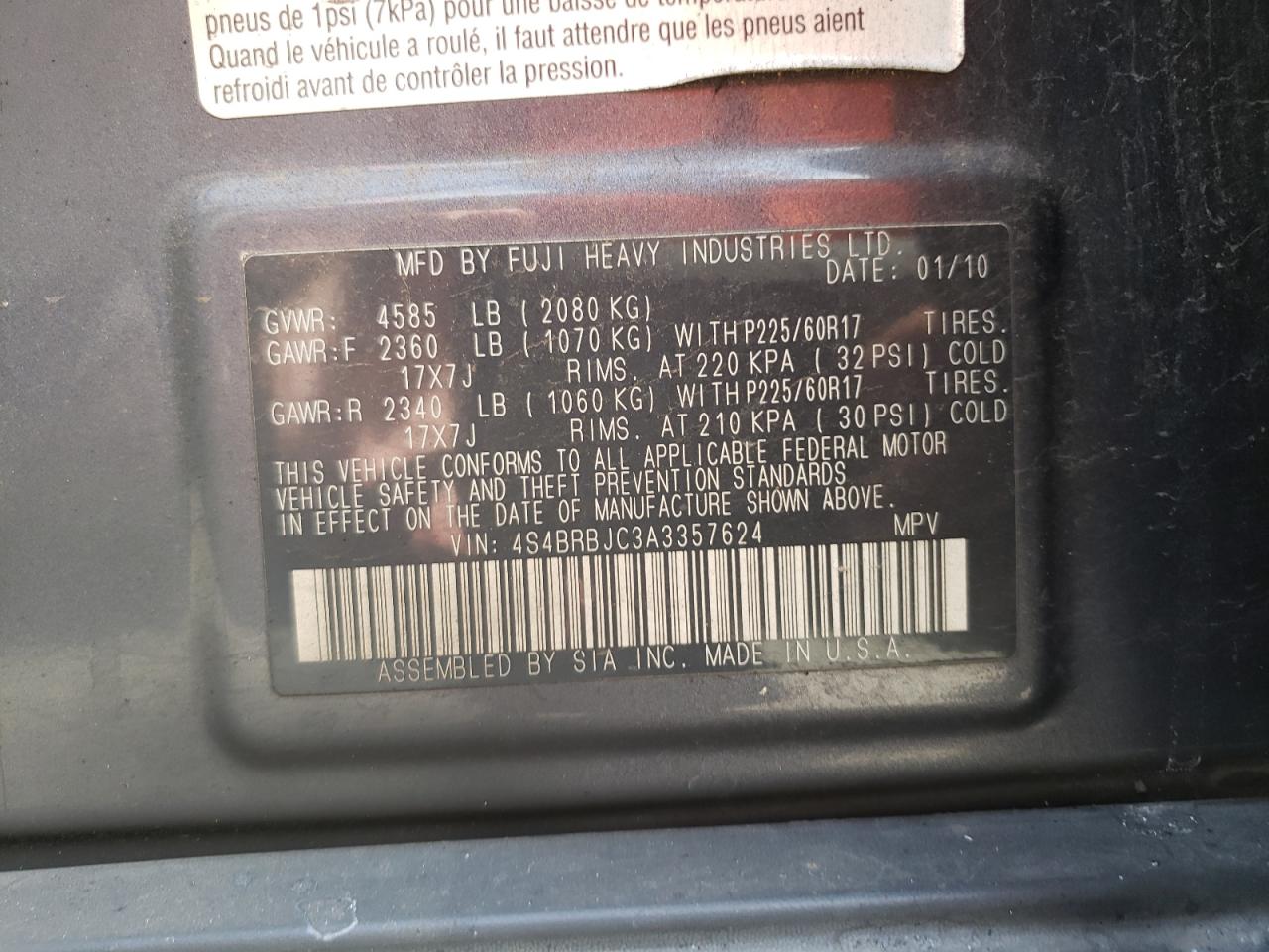 Photo 10 from auction – 2010 SUBARU OUTBACK 2. with VIN 4S4BRBJC3A3357624