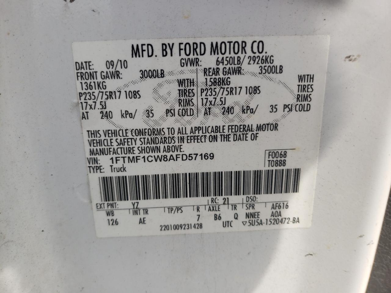Photo 10 from auction – 2010 FORD F150 with VIN 1FTMF1CW8AFD57169