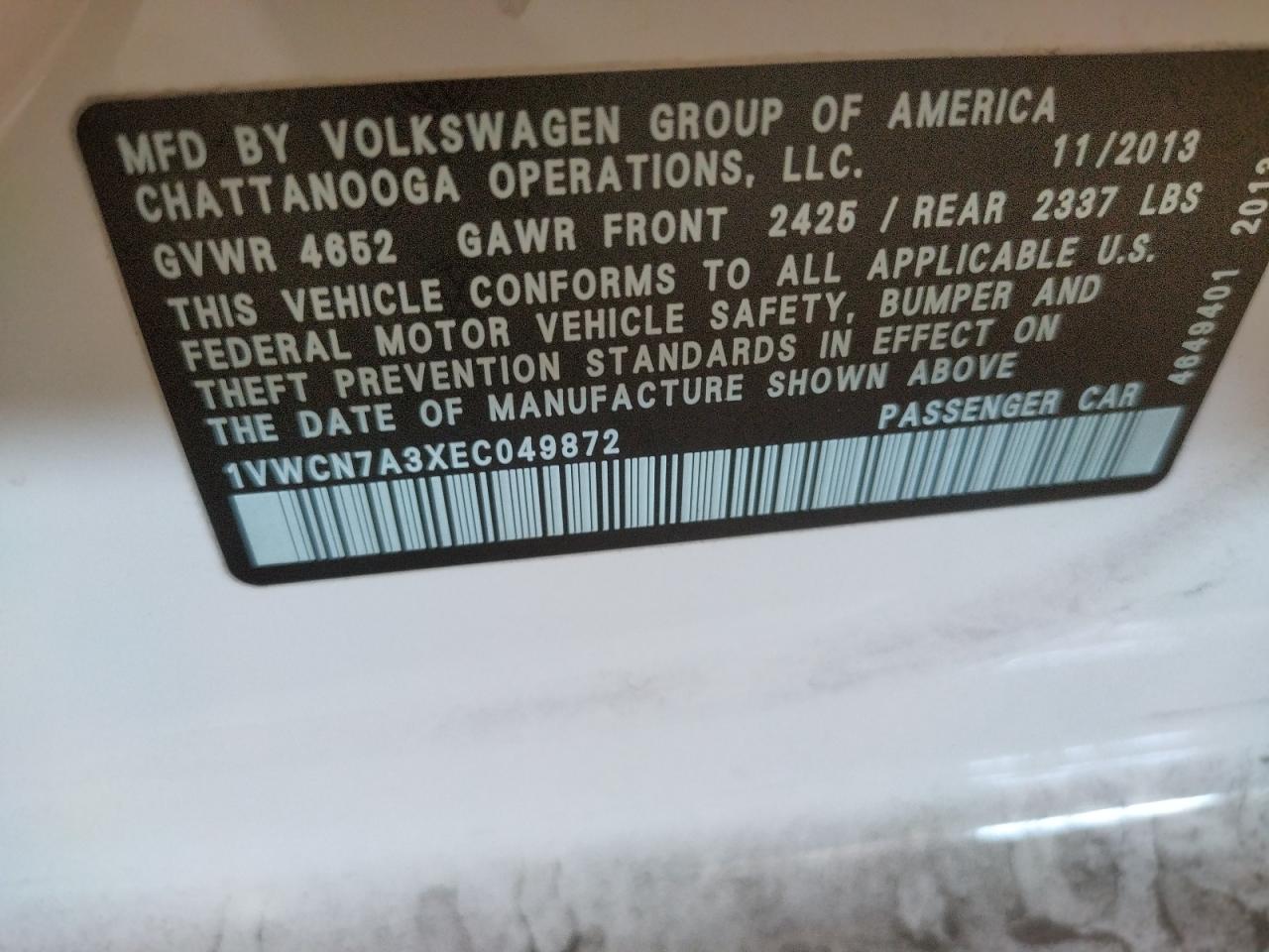 Photo 10 from auction – 2014 VOLKSWAGEN PASSAT SEL with VIN 1VWCN7A3XEC049872