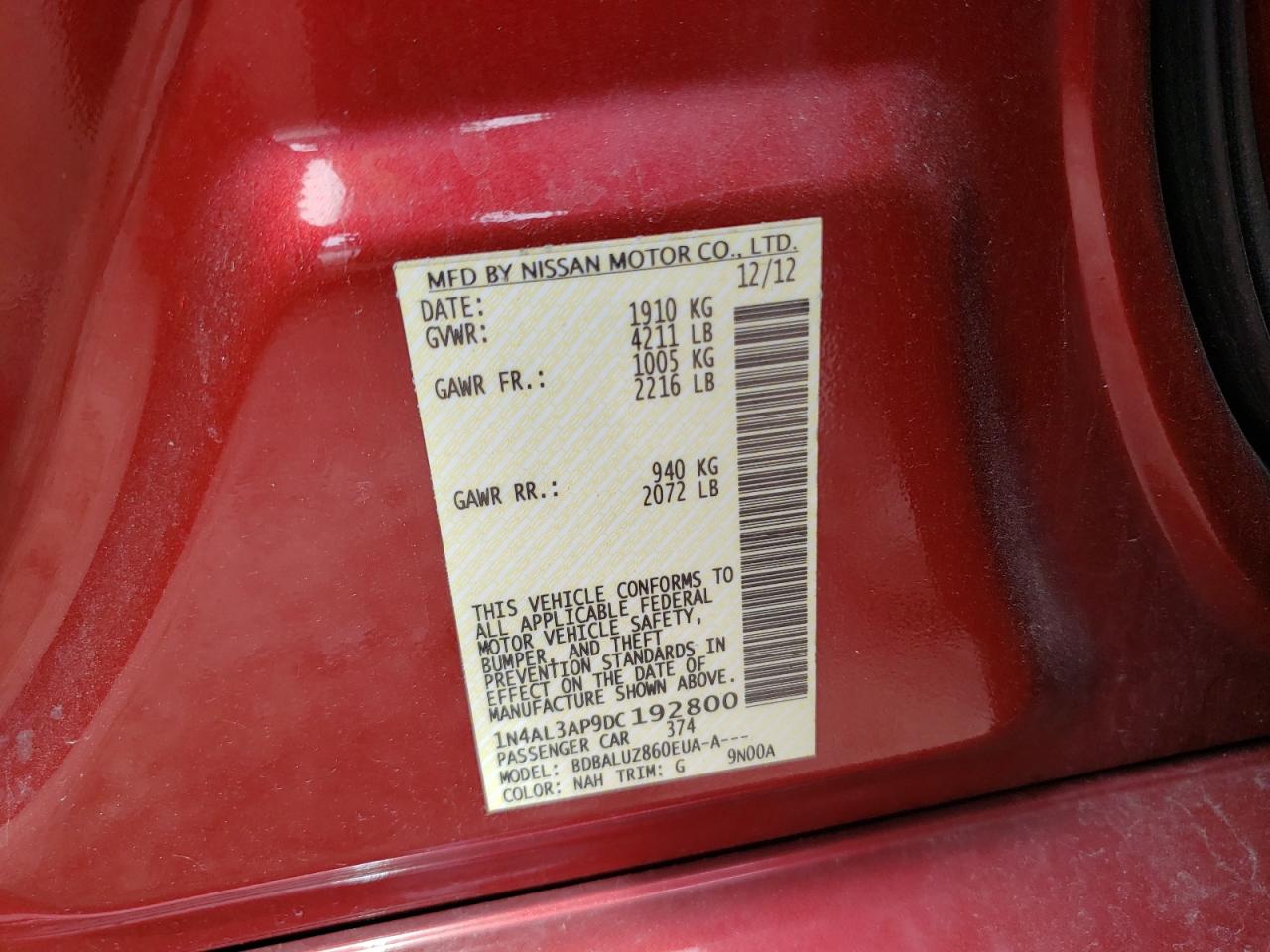 Photo 10 from auction – 2013 NISSAN ALTIMA 2.5 with VIN 1N4AL3AP9DC192800