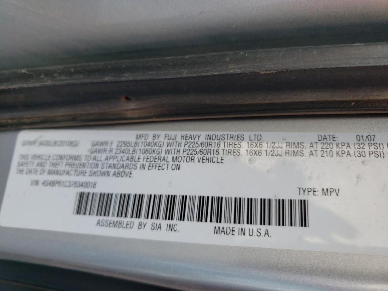 Photo 10 from auction – 2007 SUBARU LEGACY OUT with VIN 4S4BP61C376340018
