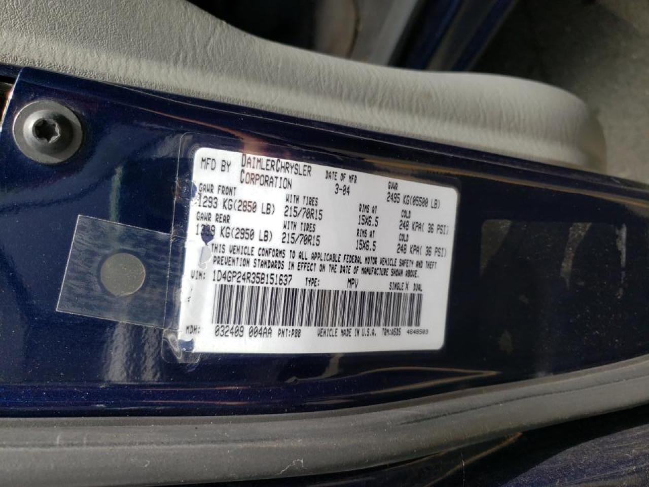 Photo 10 from auction – 2005 DODGE GRAND CARA with VIN 1D4GP24R35B151637