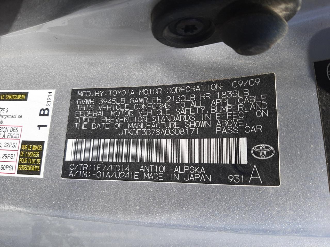 Photo 10 from auction – 2010 TOYOTA SCION TC with VIN JTKDE3B78A0308171