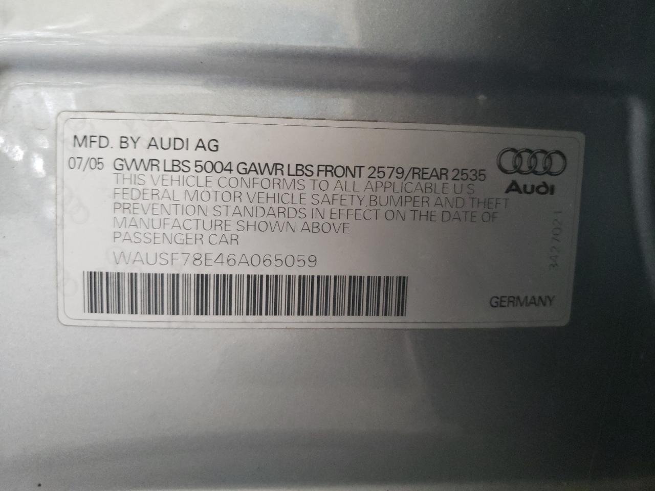 Photo 10 from auction – 2006 AUDI A4 S-LINE with VIN WAUSF78E46A065059