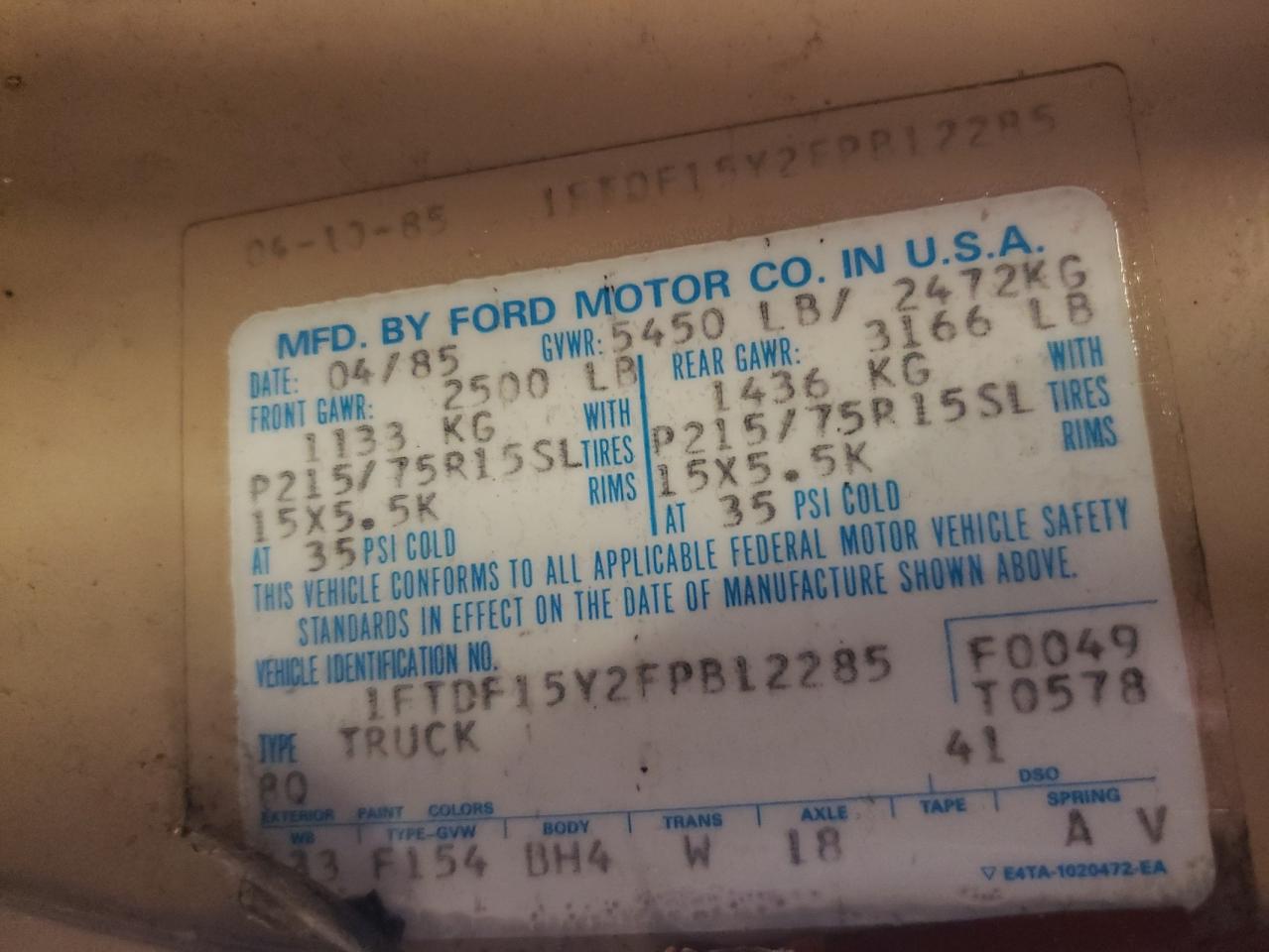 Photo 10 from auction – 1985 FORD F150 with VIN 1FTDF15Y2FPB12285