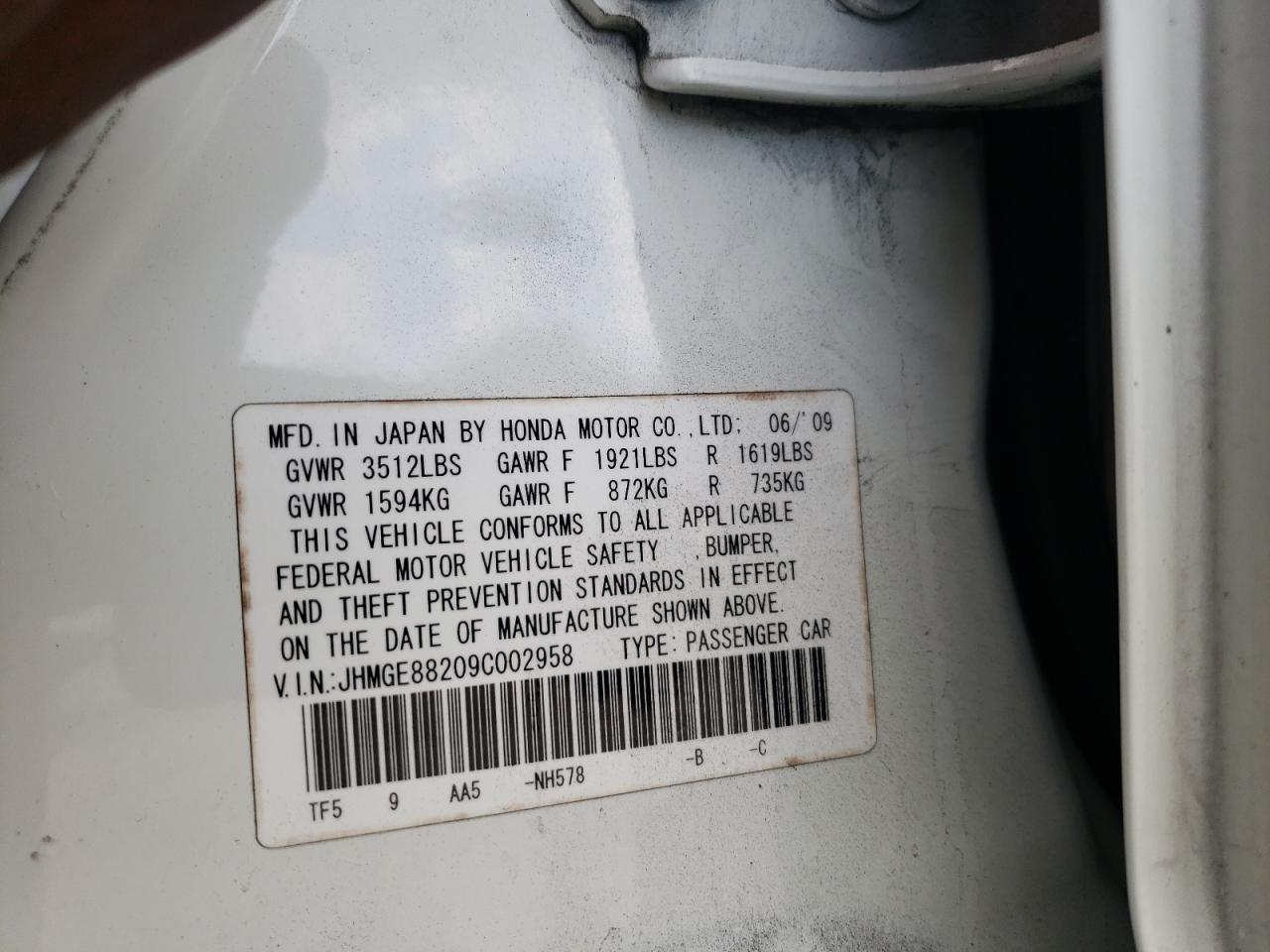 Photo 10 from auction – 2009 HONDA FIT with VIN JHMGE88209C002958