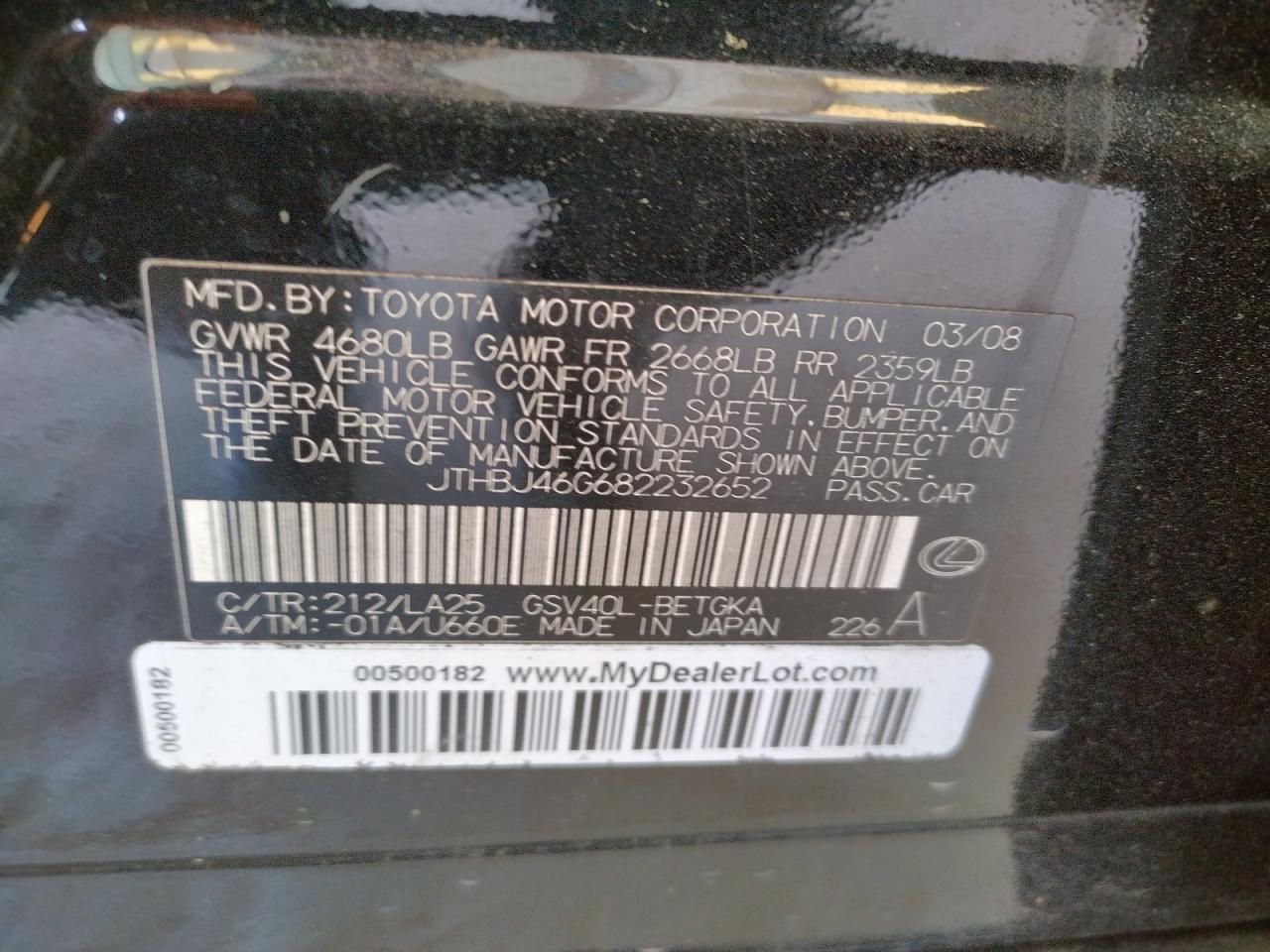 Photo 10 from auction – 2008 LEXUS ES 350 with VIN JTHBJ46G682232652