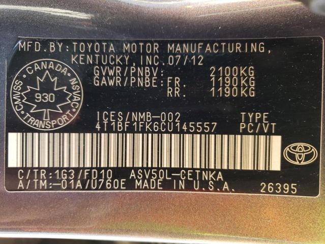 Photo 10 from auction – 2012 TOYOTA CAMRY BASE with VIN 4T1BF1FK6CU145557