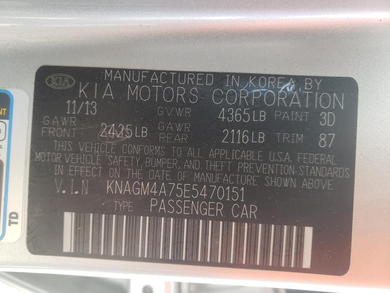 Photo 10 from auction – 2014 KIA OPTIMA LX with VIN KNAGM4A75E5470151