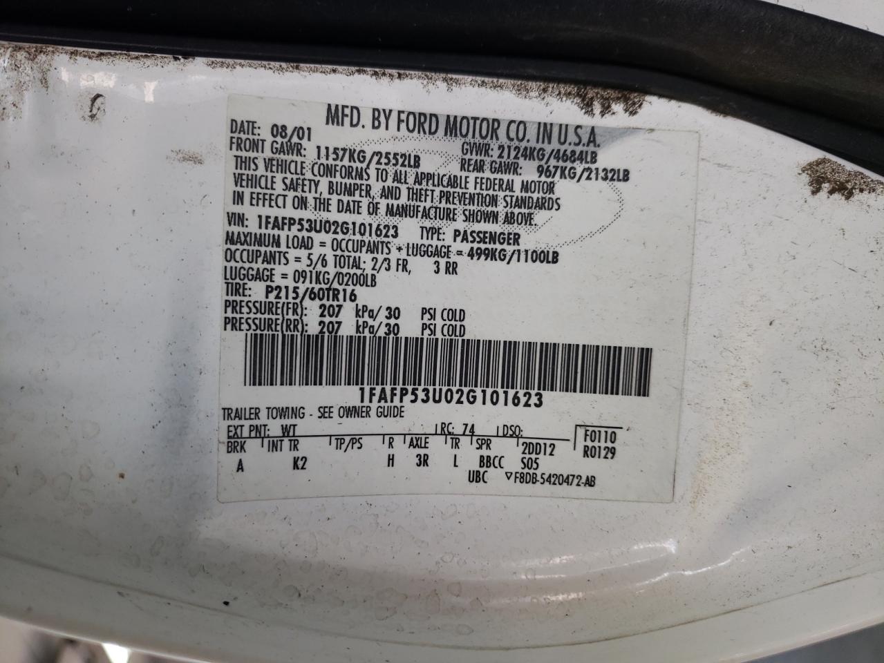Photo 10 from auction – 2002 FORD TAURUS SE with VIN 1FAFP53U02G101623