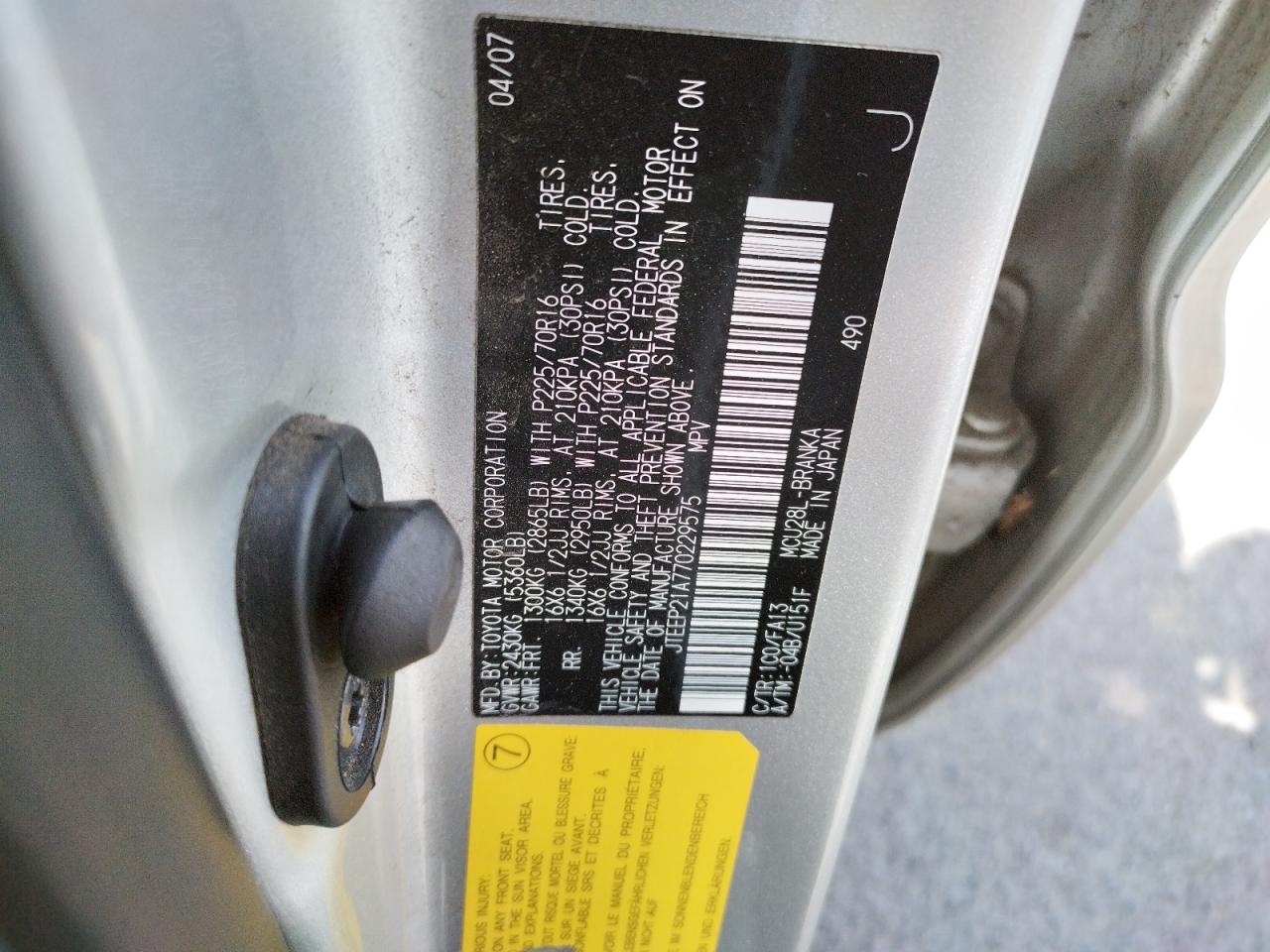 Photo 10 from auction – 2007 TOYOTA HIGHLANDER with VIN JTEEP21A770229575