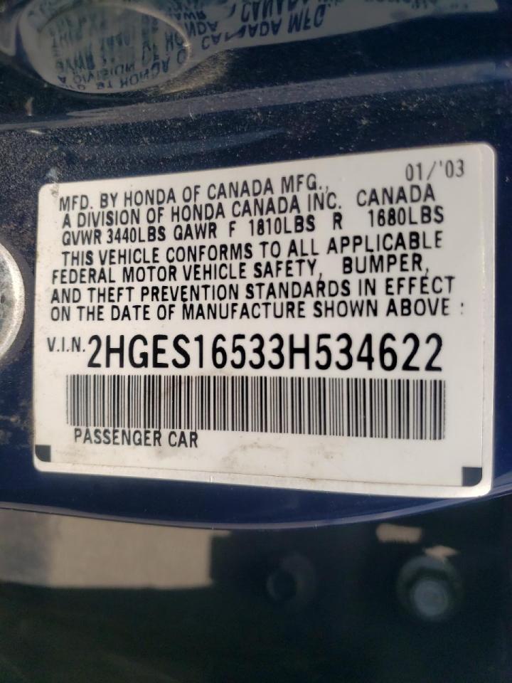 Photo 10 from auction – 2003 HONDA CIVIC LX with VIN 2HGES16533H534622
