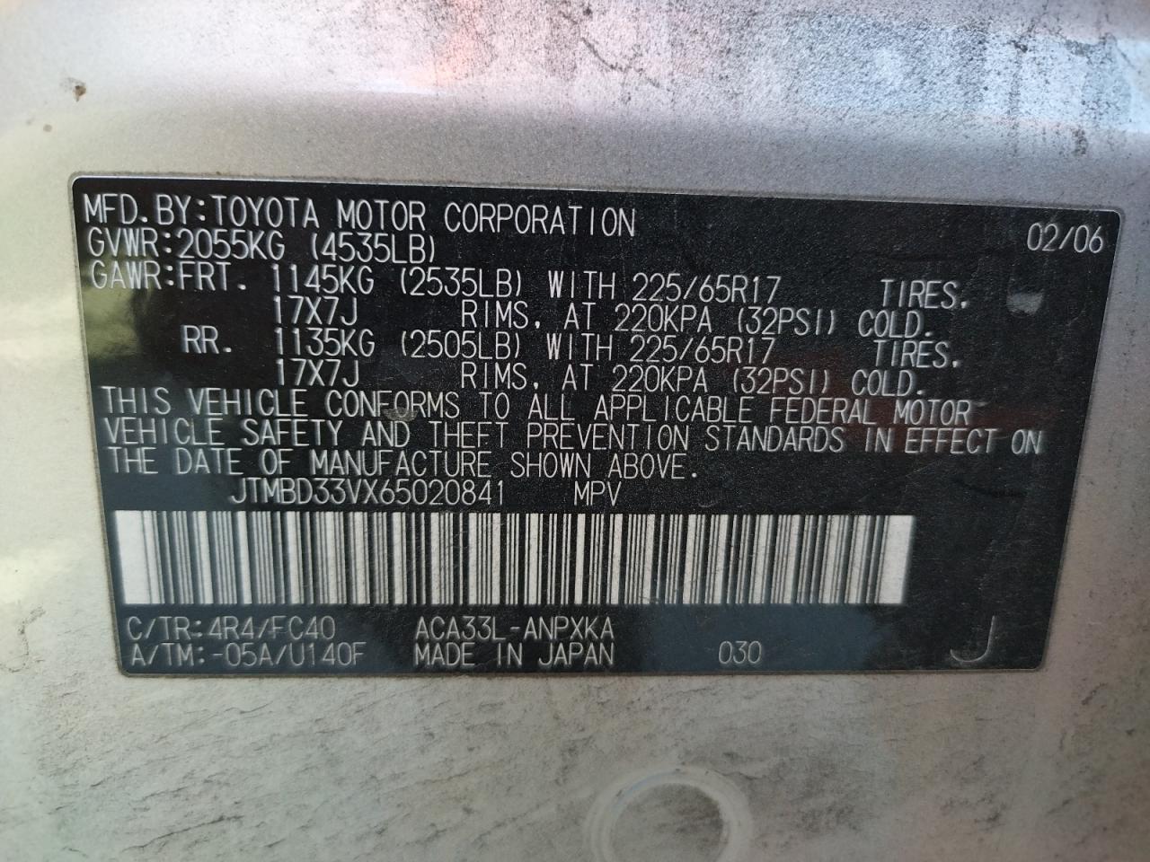 Photo 10 from auction – 2006 TOYOTA RAV4 with VIN JTMBD33VX65020841