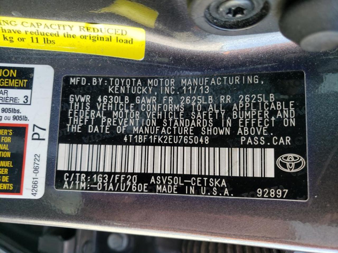 Photo 10 from auction – 2014 TOYOTA CAMRY L with VIN 4T1BF1FK2EU765048