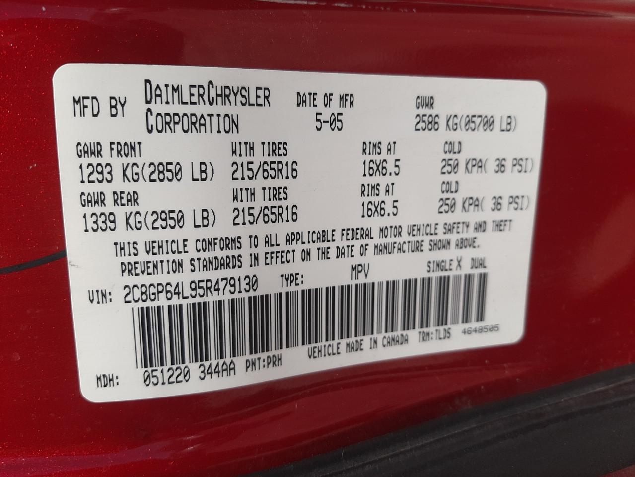 Photo 10 from auction – 2005 CHRYSLER TOWN & COU with VIN 2C8GP64L95R479130