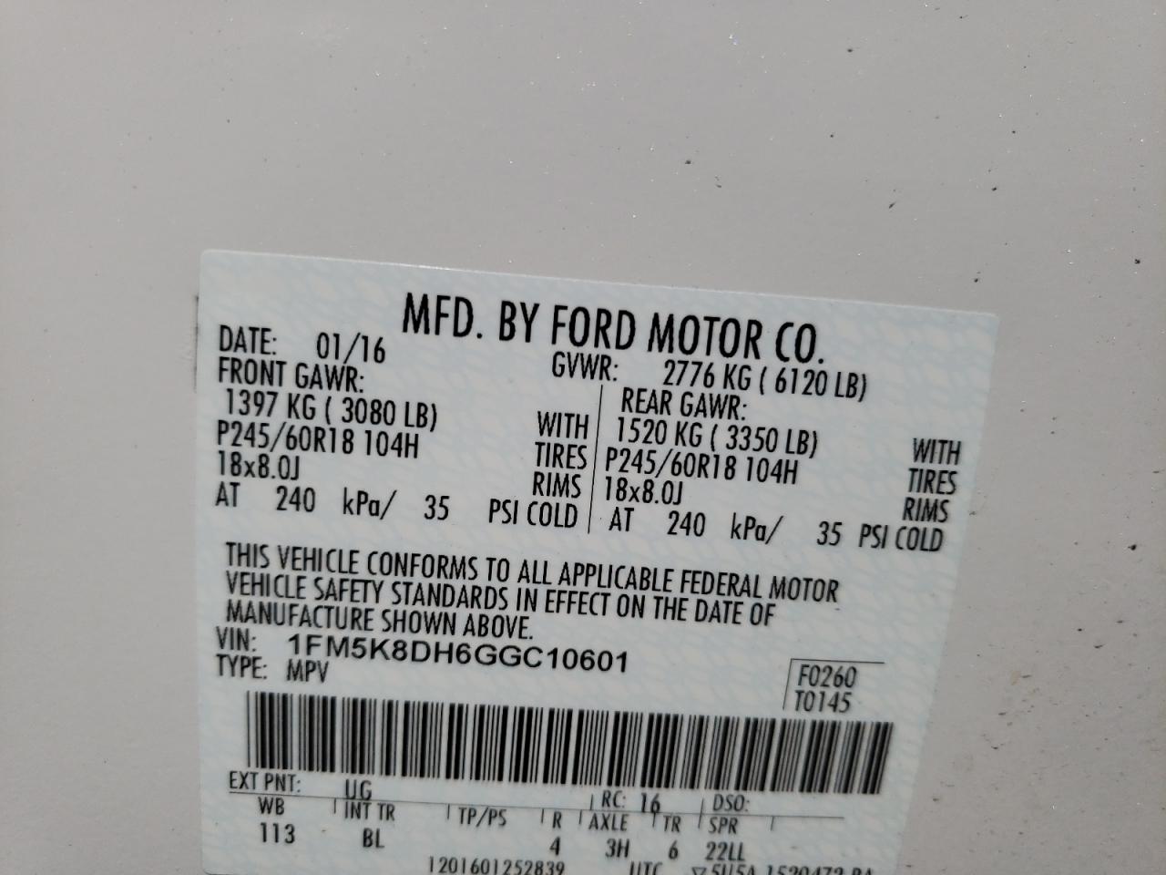 Photo 10 from auction – 2016 FORD EXPLORER X with VIN 1FM5K8DH6GGC10601