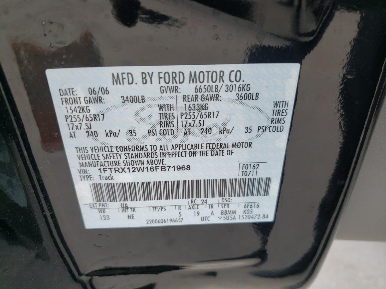 Photo 10 from auction – 2006 FORD F150 with VIN 1FTRX12W16FB71968