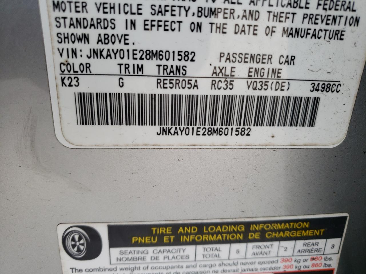 Photo 10 from auction – 2008 INFINITI M35 BASE with VIN JNKAY01E28M601582