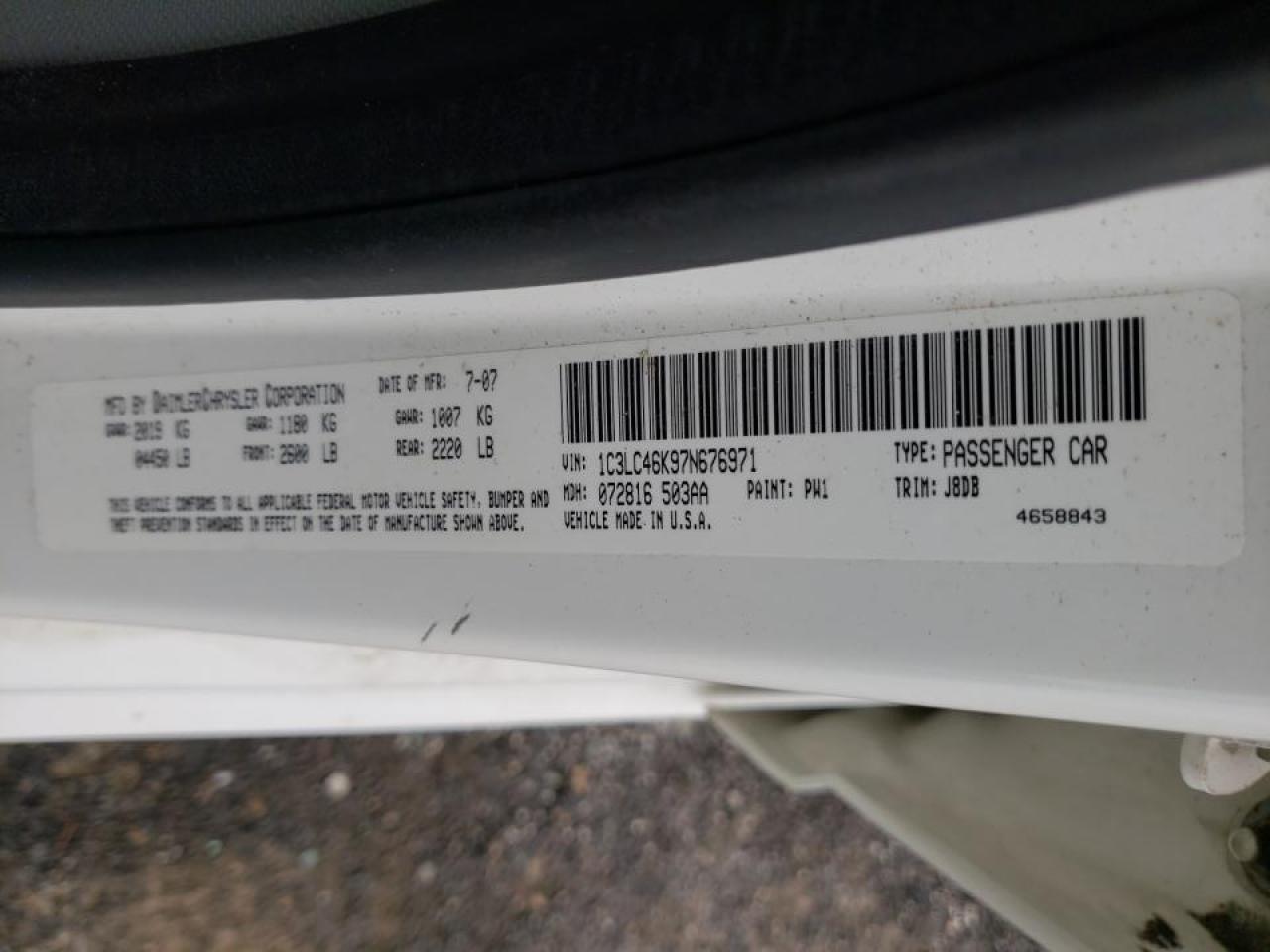 Photo 10 from auction – 2007 CHRYSLER SEBRING with VIN 1C3LC46K97N676971