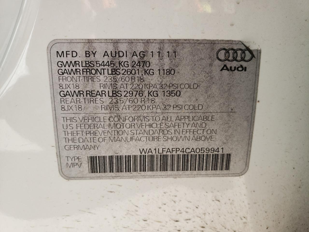 Photo 10 from auction – 2012 AUDI Q5 PREMIUM with VIN WA1LFAFP4CA059941