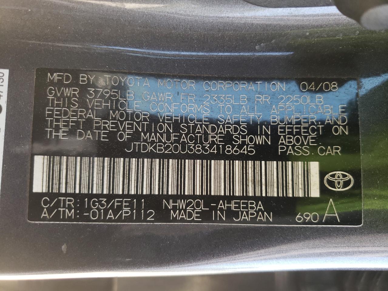 Photo 10 from auction – 2008 TOYOTA PRIUS with VIN JTDKB20U383418645