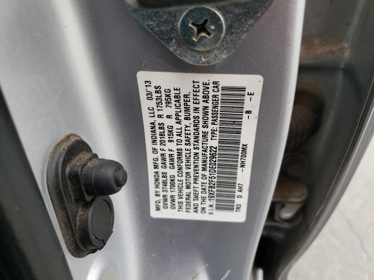 Photo 10 from auction – 2013 HONDA CIVIC LX with VIN 19XFB2F51DE029622