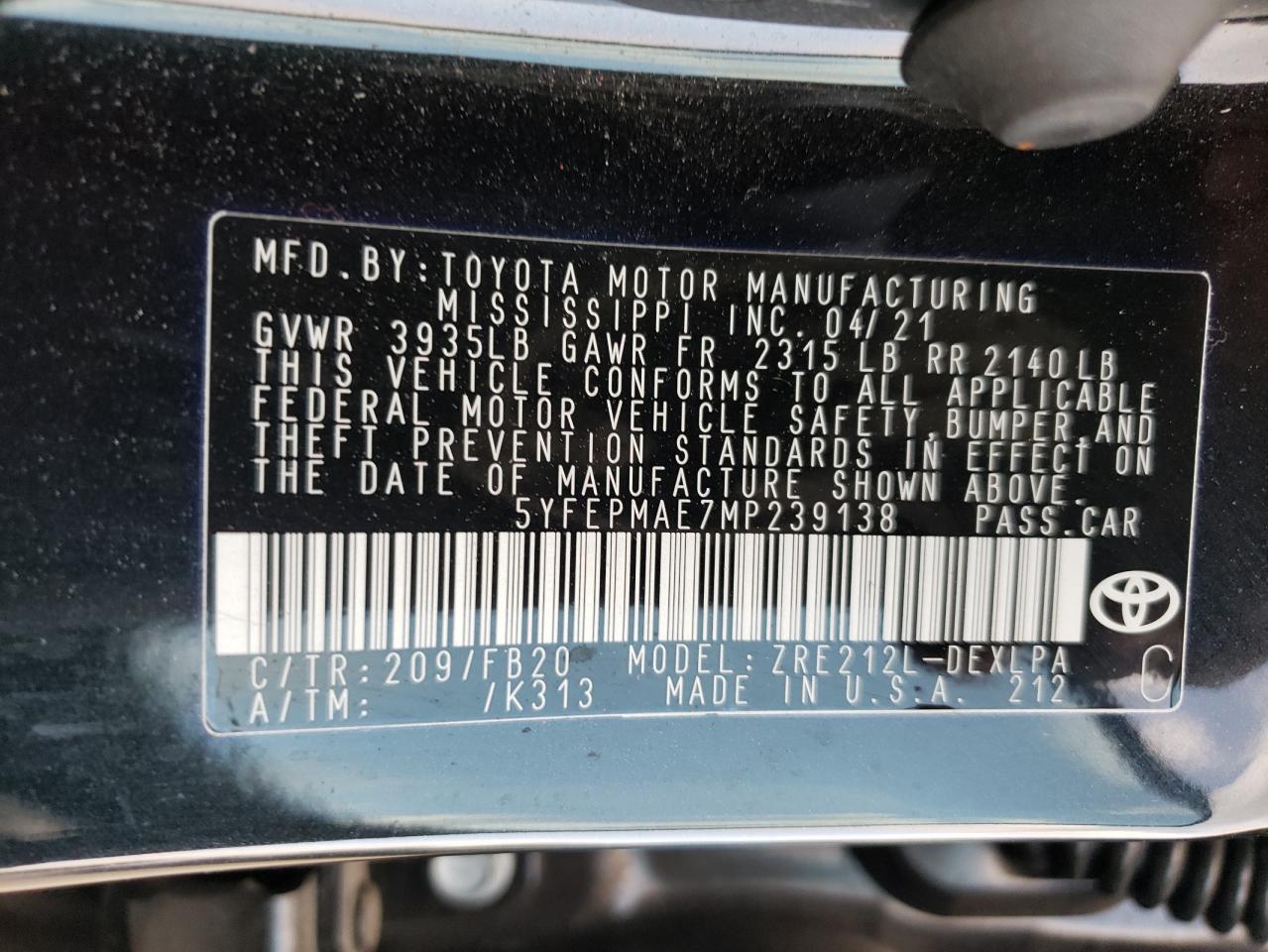 Photo 10 from auction – 2021 TOYOTA COROLLA LE with VIN 5YFEPMAE7MP239138