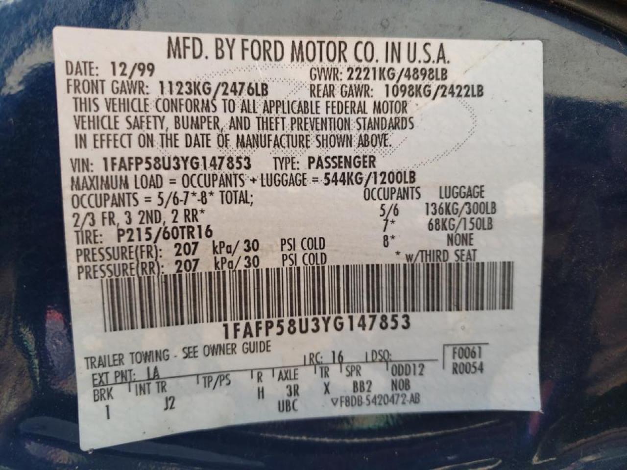 Photo 10 from auction – 2000 FORD TAURUS SE with VIN 1FAFP58U3YG147853